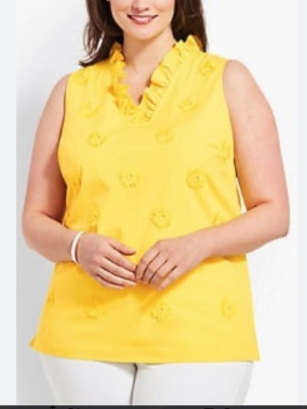 Talbots sleeveless ruffle-neck top with appliqués. Size XL